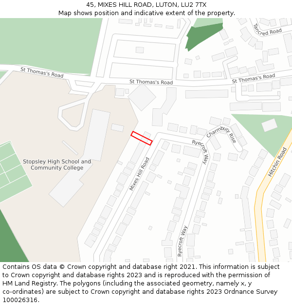 45, MIXES HILL ROAD, LUTON, LU2 7TX: Location map and indicative extent of plot