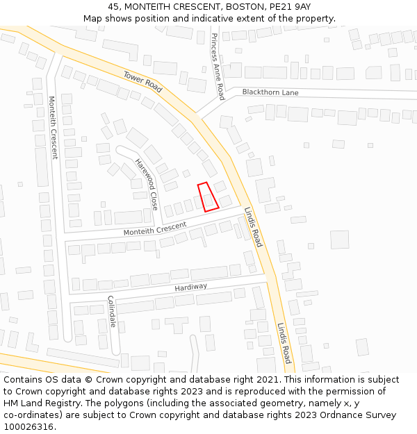 45, MONTEITH CRESCENT, BOSTON, PE21 9AY: Location map and indicative extent of plot