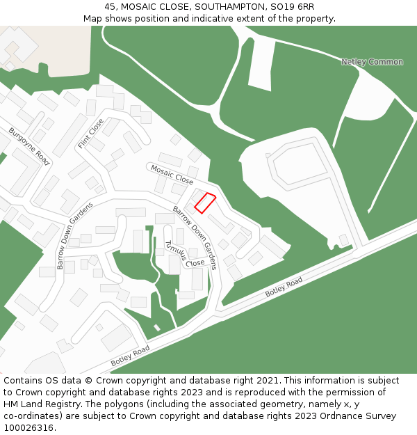 45, MOSAIC CLOSE, SOUTHAMPTON, SO19 6RR: Location map and indicative extent of plot