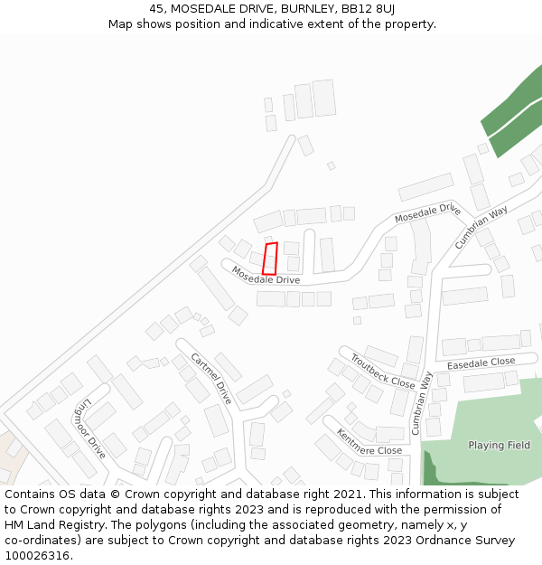 45, MOSEDALE DRIVE, BURNLEY, BB12 8UJ: Location map and indicative extent of plot