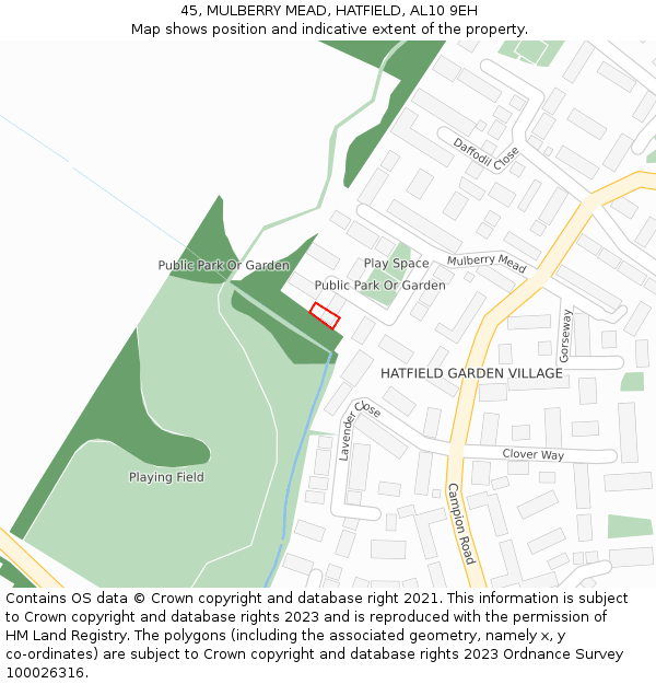 45, MULBERRY MEAD, HATFIELD, AL10 9EH: Location map and indicative extent of plot