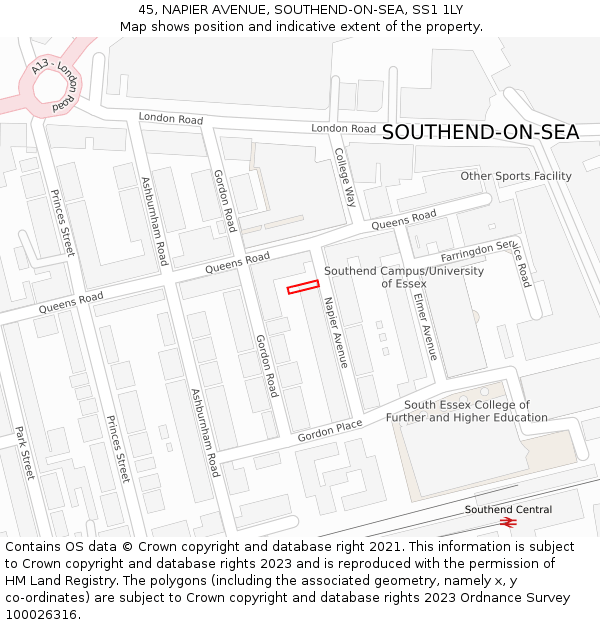 45, NAPIER AVENUE, SOUTHEND-ON-SEA, SS1 1LY: Location map and indicative extent of plot