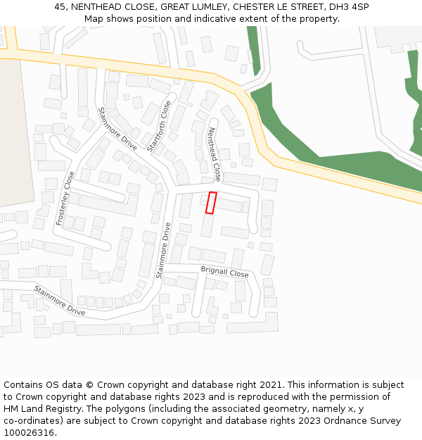 45, NENTHEAD CLOSE, GREAT LUMLEY, CHESTER LE STREET, DH3 4SP: Location map and indicative extent of plot