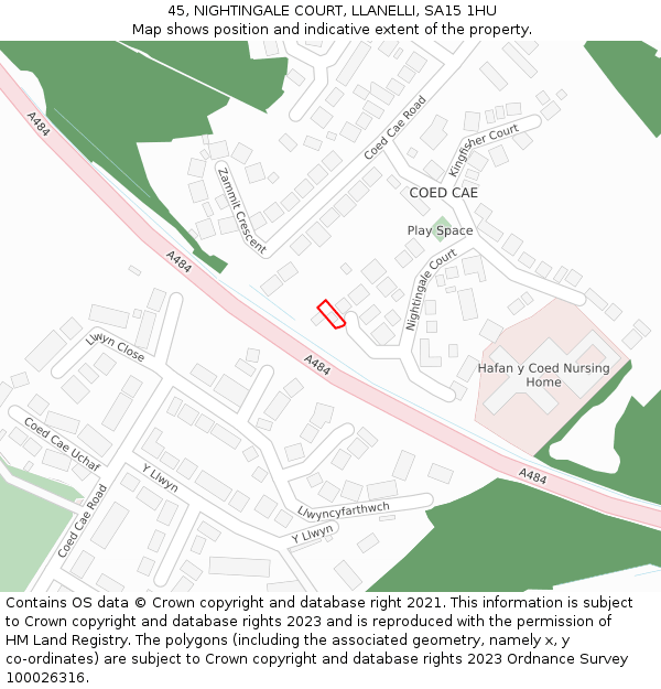 45, NIGHTINGALE COURT, LLANELLI, SA15 1HU: Location map and indicative extent of plot