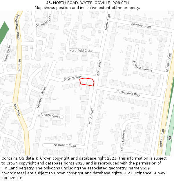 45, NORTH ROAD, WATERLOOVILLE, PO8 0EH: Location map and indicative extent of plot