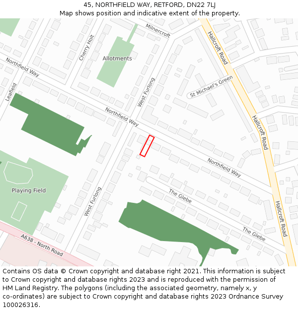 45, NORTHFIELD WAY, RETFORD, DN22 7LJ: Location map and indicative extent of plot