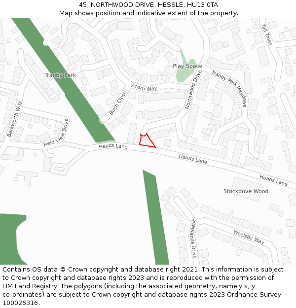 45, NORTHWOOD DRIVE, HESSLE, HU13 0TA: Location map and indicative extent of plot