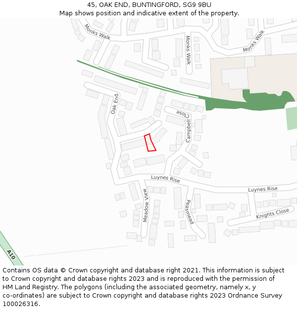 45, OAK END, BUNTINGFORD, SG9 9BU: Location map and indicative extent of plot