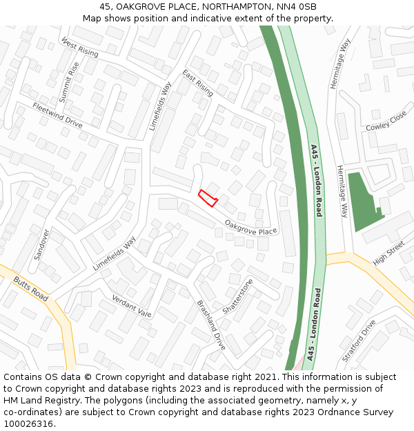 45, OAKGROVE PLACE, NORTHAMPTON, NN4 0SB: Location map and indicative extent of plot