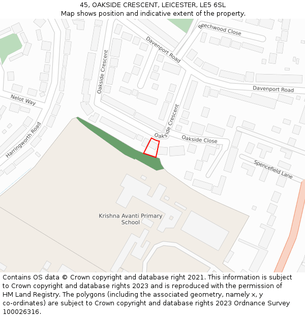 45, OAKSIDE CRESCENT, LEICESTER, LE5 6SL: Location map and indicative extent of plot