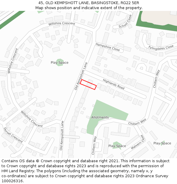 45, OLD KEMPSHOTT LANE, BASINGSTOKE, RG22 5ER: Location map and indicative extent of plot