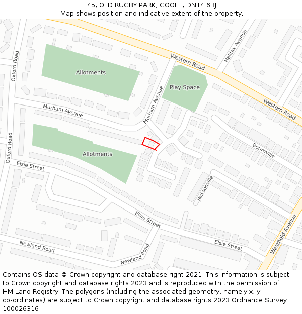 45, OLD RUGBY PARK, GOOLE, DN14 6BJ: Location map and indicative extent of plot