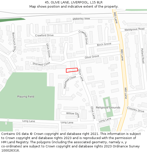 45, OLIVE LANE, LIVERPOOL, L15 8LR: Location map and indicative extent of plot