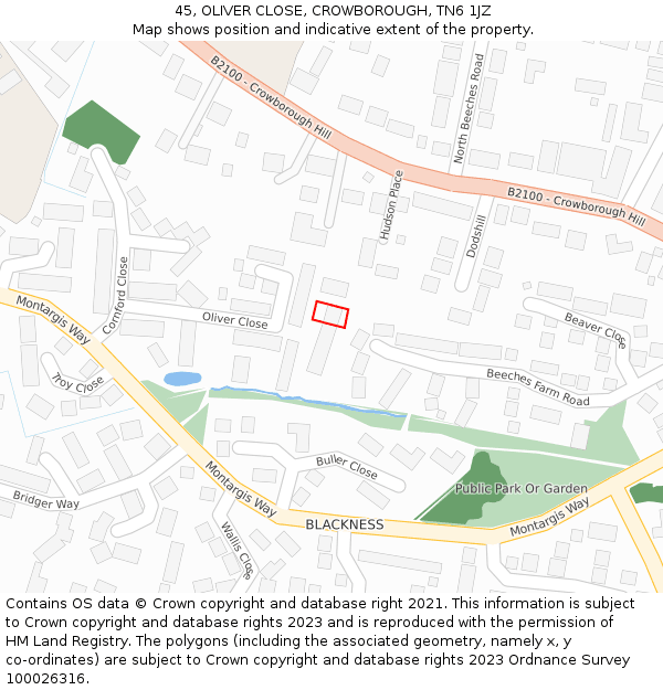 45, OLIVER CLOSE, CROWBOROUGH, TN6 1JZ: Location map and indicative extent of plot