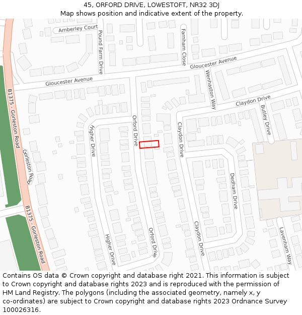 45, ORFORD DRIVE, LOWESTOFT, NR32 3DJ: Location map and indicative extent of plot