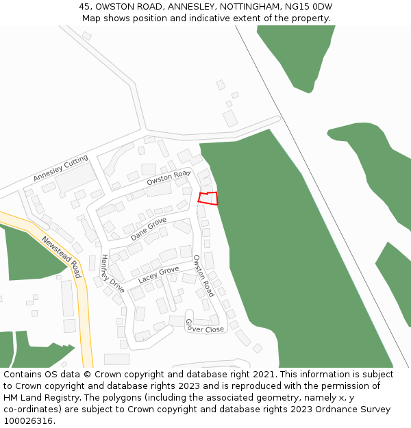 45, OWSTON ROAD, ANNESLEY, NOTTINGHAM, NG15 0DW: Location map and indicative extent of plot