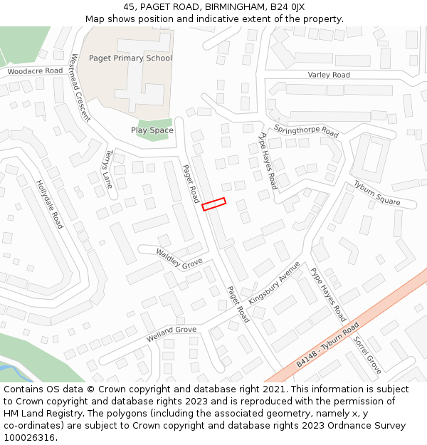 45, PAGET ROAD, BIRMINGHAM, B24 0JX: Location map and indicative extent of plot