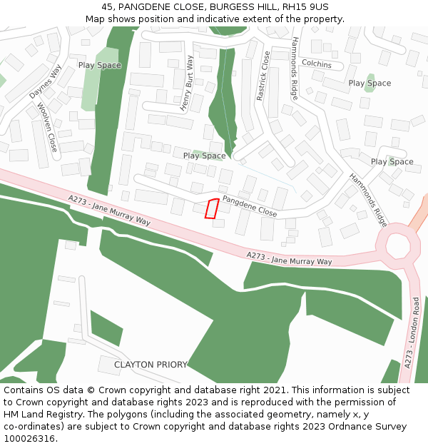 45, PANGDENE CLOSE, BURGESS HILL, RH15 9US: Location map and indicative extent of plot