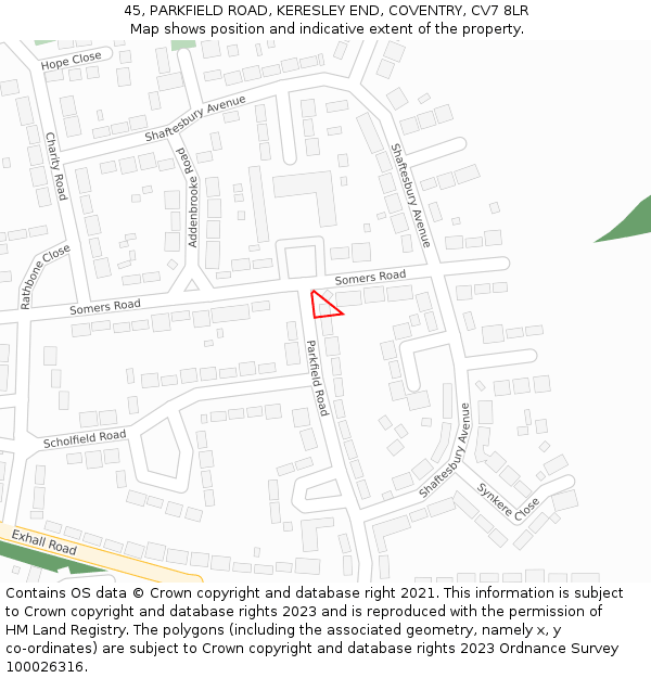 45, PARKFIELD ROAD, KERESLEY END, COVENTRY, CV7 8LR: Location map and indicative extent of plot