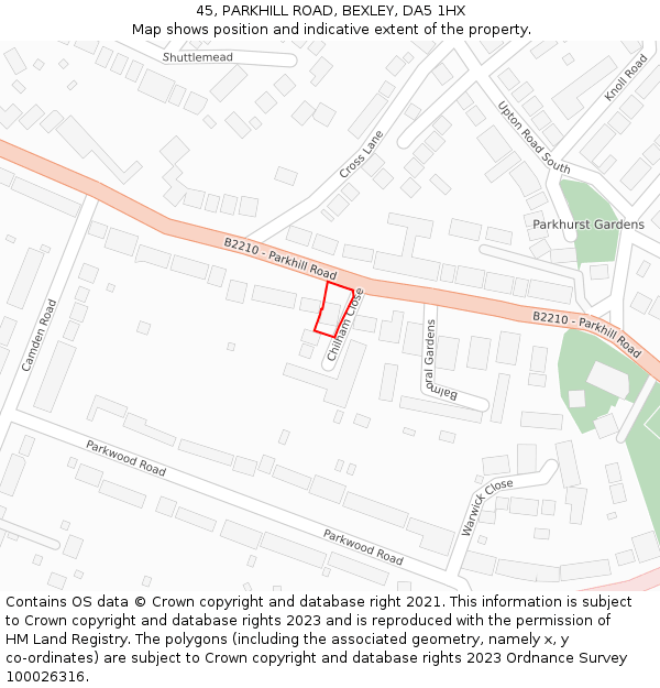 45, PARKHILL ROAD, BEXLEY, DA5 1HX: Location map and indicative extent of plot