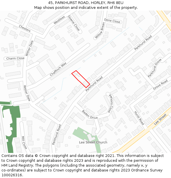 45, PARKHURST ROAD, HORLEY, RH6 8EU: Location map and indicative extent of plot