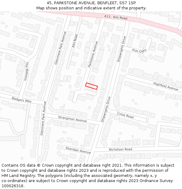 45, PARKSTONE AVENUE, BENFLEET, SS7 1SP: Location map and indicative extent of plot