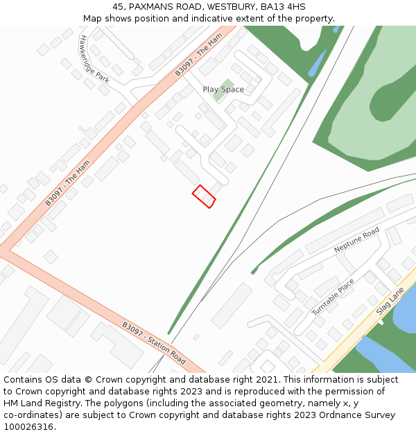 45, PAXMANS ROAD, WESTBURY, BA13 4HS: Location map and indicative extent of plot