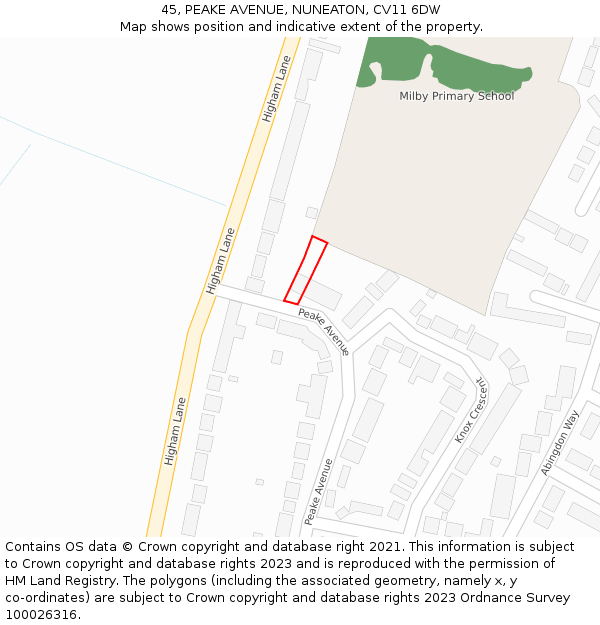 45, PEAKE AVENUE, NUNEATON, CV11 6DW: Location map and indicative extent of plot