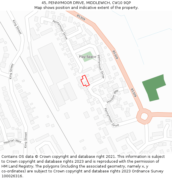 45, PENNYMOOR DRIVE, MIDDLEWICH, CW10 9QP: Location map and indicative extent of plot