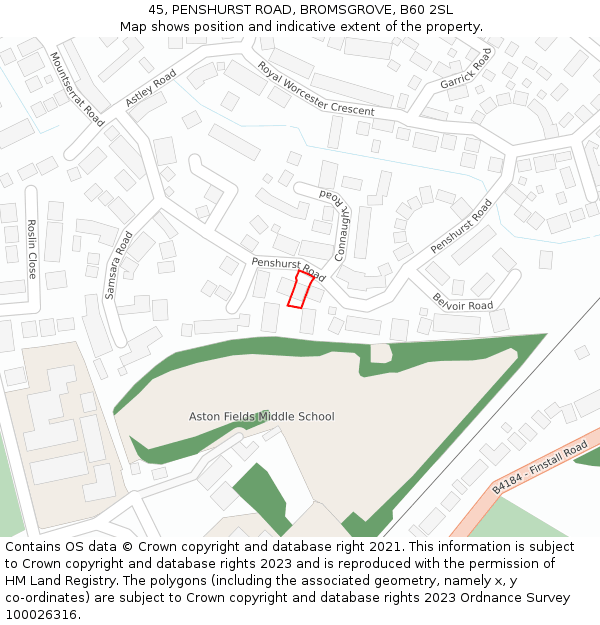 45, PENSHURST ROAD, BROMSGROVE, B60 2SL: Location map and indicative extent of plot