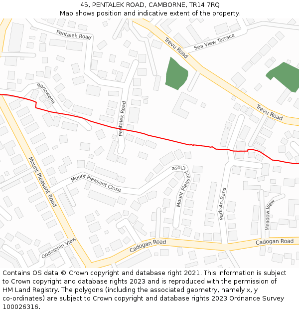 45, PENTALEK ROAD, CAMBORNE, TR14 7RQ: Location map and indicative extent of plot