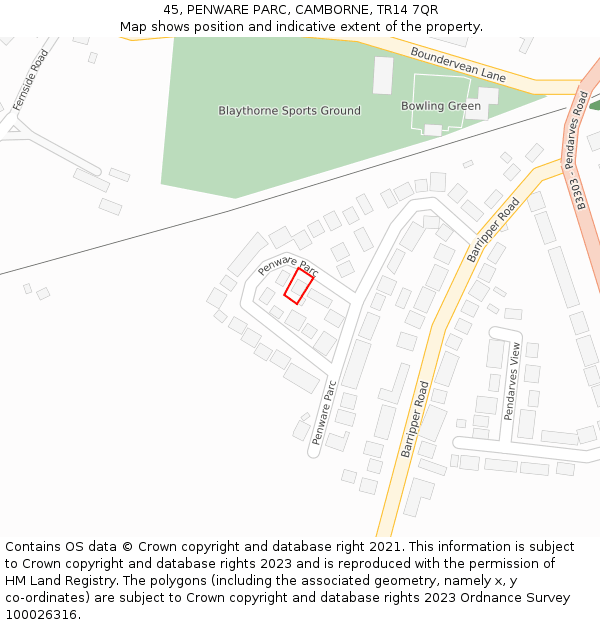 45, PENWARE PARC, CAMBORNE, TR14 7QR: Location map and indicative extent of plot