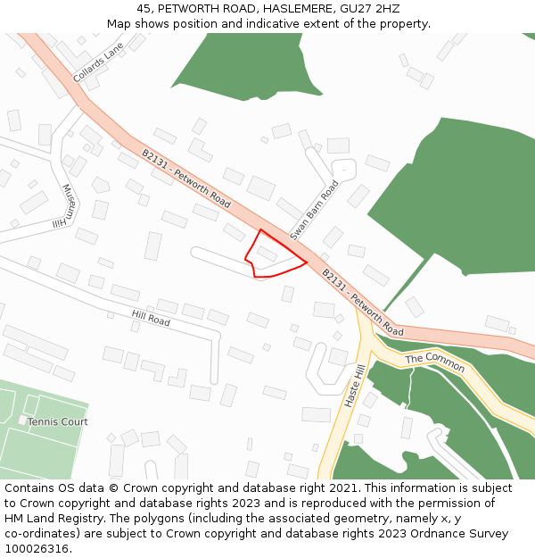 45, PETWORTH ROAD, HASLEMERE, GU27 2HZ: Location map and indicative extent of plot