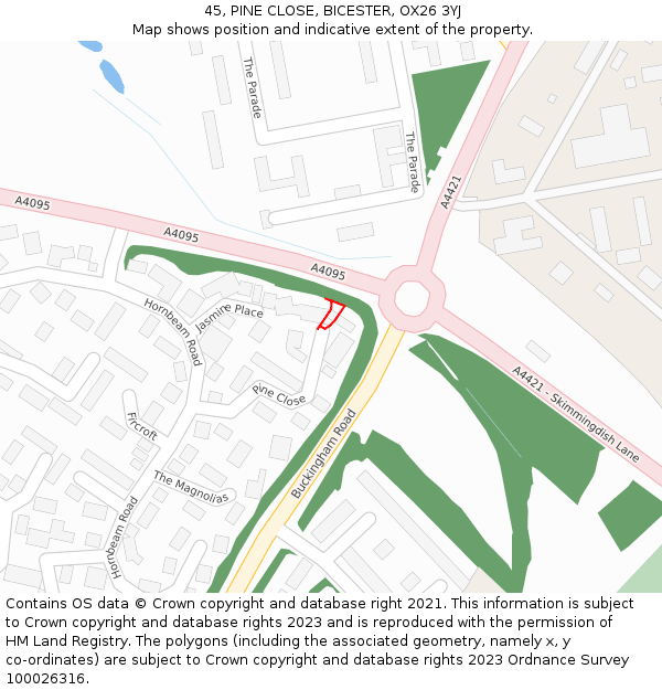 45, PINE CLOSE, BICESTER, OX26 3YJ: Location map and indicative extent of plot