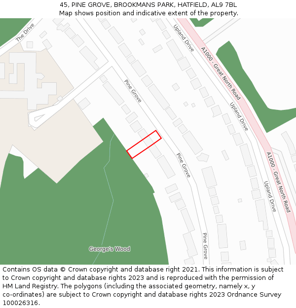 45, PINE GROVE, BROOKMANS PARK, HATFIELD, AL9 7BL: Location map and indicative extent of plot