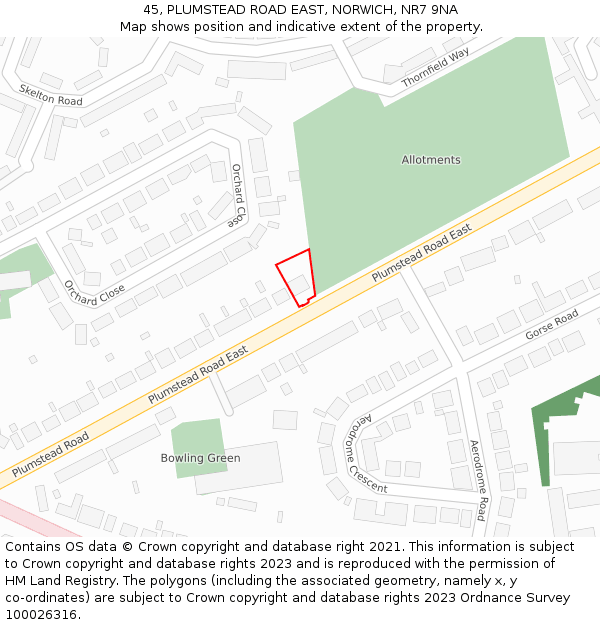 45, PLUMSTEAD ROAD EAST, NORWICH, NR7 9NA: Location map and indicative extent of plot