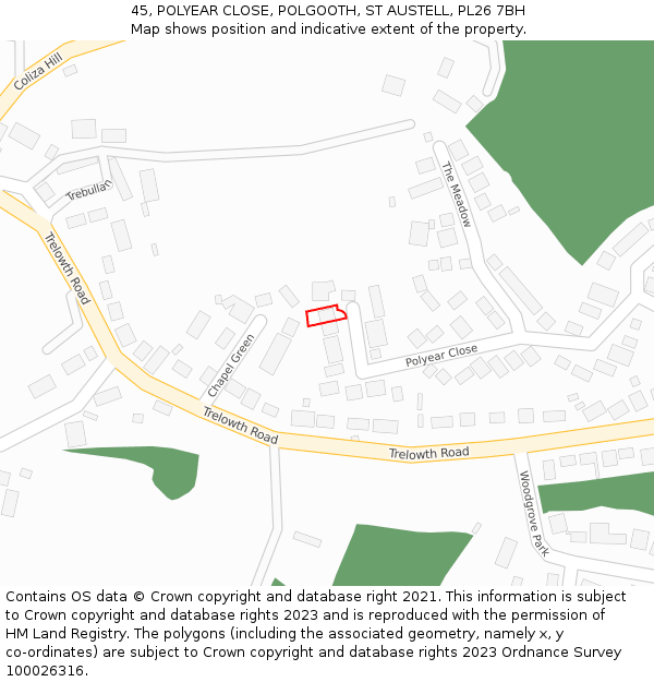 45, POLYEAR CLOSE, POLGOOTH, ST AUSTELL, PL26 7BH: Location map and indicative extent of plot