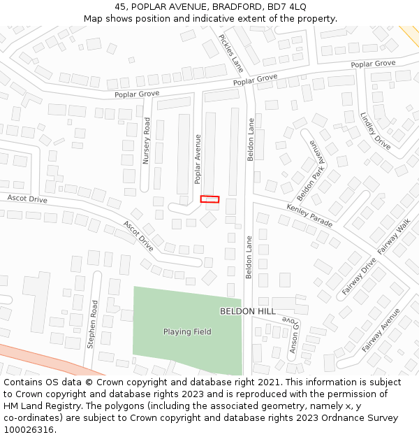 45, POPLAR AVENUE, BRADFORD, BD7 4LQ: Location map and indicative extent of plot