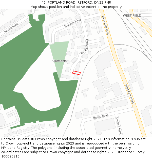 45, PORTLAND ROAD, RETFORD, DN22 7NR: Location map and indicative extent of plot