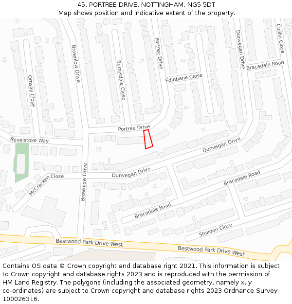 45, PORTREE DRIVE, NOTTINGHAM, NG5 5DT: Location map and indicative extent of plot