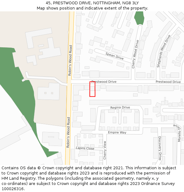 45, PRESTWOOD DRIVE, NOTTINGHAM, NG8 3LY: Location map and indicative extent of plot