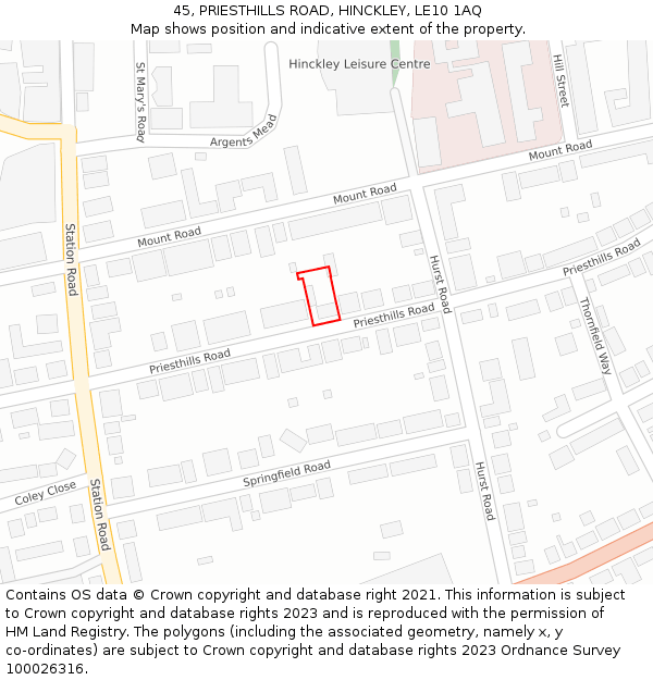 45, PRIESTHILLS ROAD, HINCKLEY, LE10 1AQ: Location map and indicative extent of plot