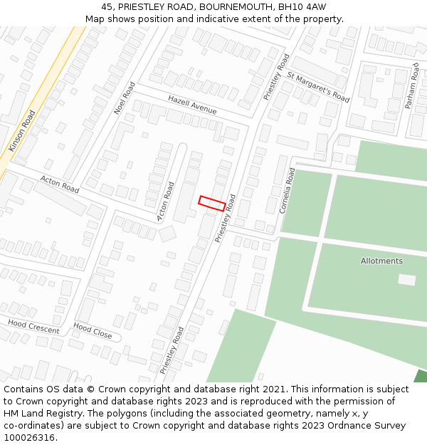 45, PRIESTLEY ROAD, BOURNEMOUTH, BH10 4AW: Location map and indicative extent of plot