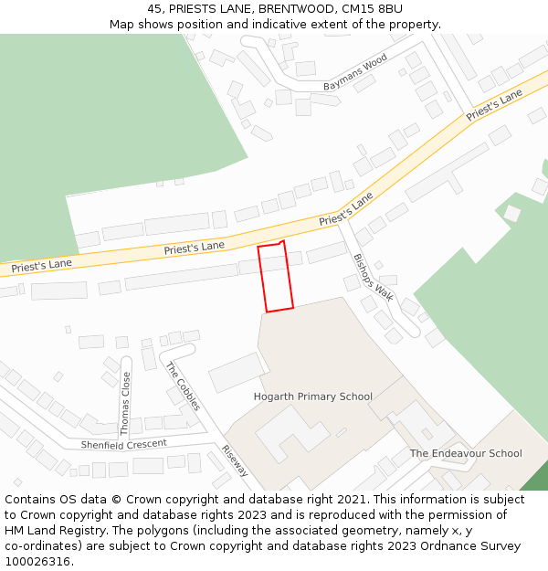 45, PRIESTS LANE, BRENTWOOD, CM15 8BU: Location map and indicative extent of plot