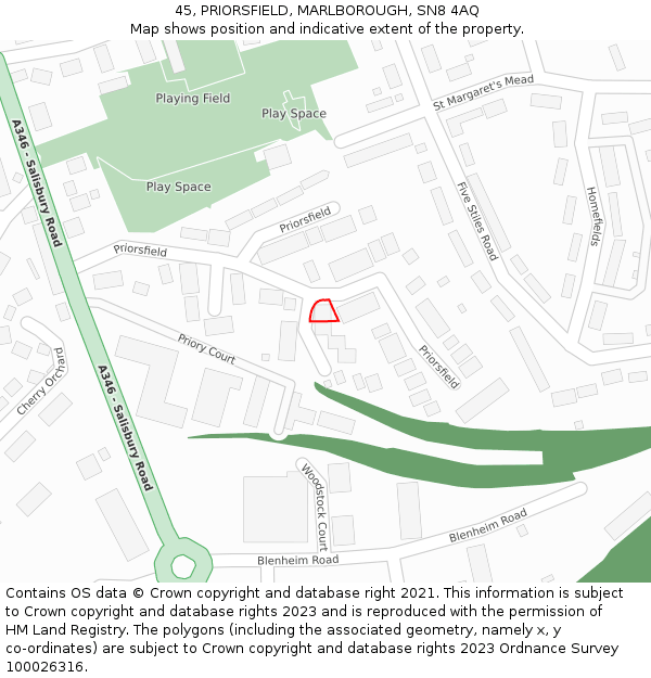45, PRIORSFIELD, MARLBOROUGH, SN8 4AQ: Location map and indicative extent of plot