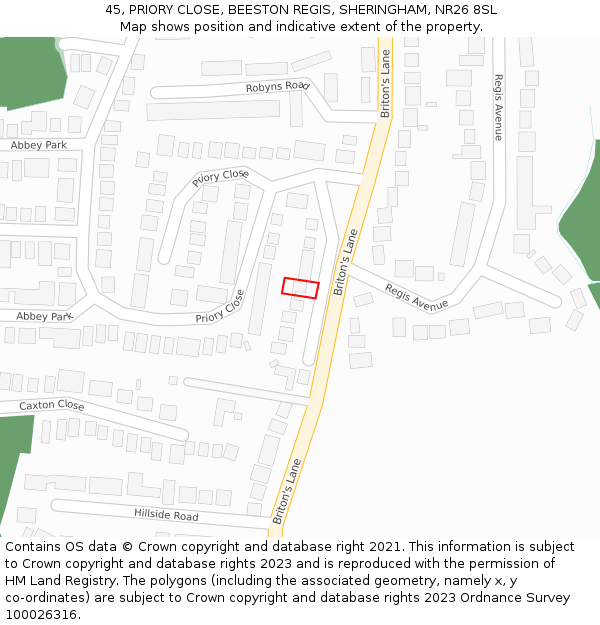 45, PRIORY CLOSE, BEESTON REGIS, SHERINGHAM, NR26 8SL: Location map and indicative extent of plot