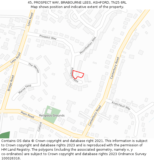 45, PROSPECT WAY, BRABOURNE LEES, ASHFORD, TN25 6RL: Location map and indicative extent of plot