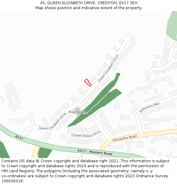 45, QUEEN ELIZABETH DRIVE, CREDITON, EX17 2EH: Location map and indicative extent of plot