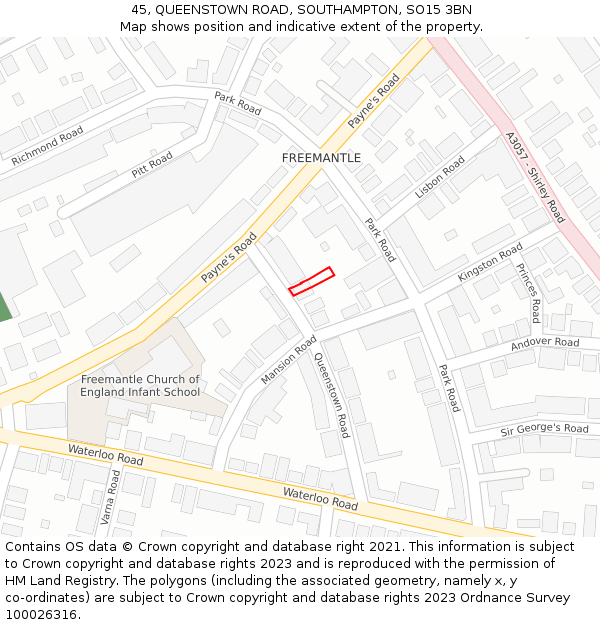 45, QUEENSTOWN ROAD, SOUTHAMPTON, SO15 3BN: Location map and indicative extent of plot