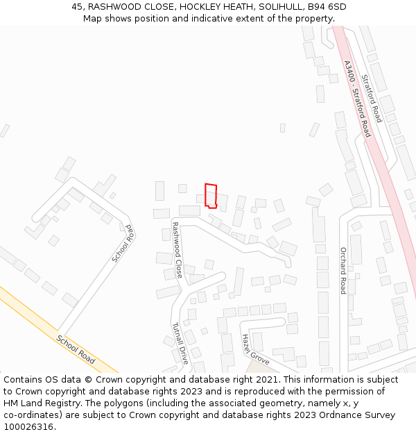 45, RASHWOOD CLOSE, HOCKLEY HEATH, SOLIHULL, B94 6SD: Location map and indicative extent of plot